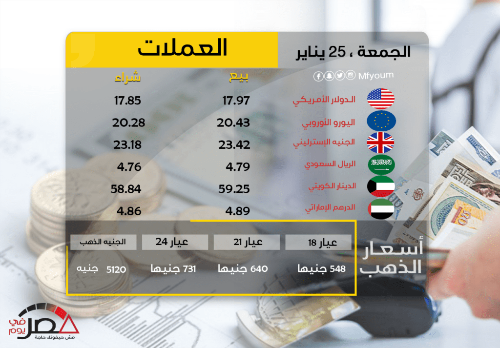 أسعار العملات في مصر يوم الجمعة 25 يناير