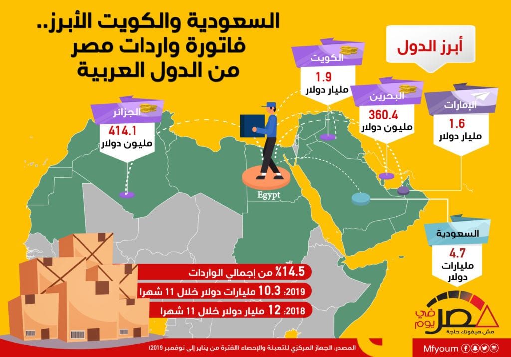 السعودية والكويت الأبرز.. فاتورة واردات مصر من الدول العربية (إنفوجراف)